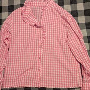 Pink Gingham Ruffle Collar Womens Shirt